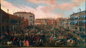 De stierenjacht op Campo San Polo in Venetië in 1648. De traditionele stierenjacht vond plaats op de kleine pleinen (campi) van Venetië met bijzonder woeste honden door Joseph the younger Heintz