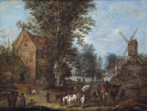 Een dorpsgezicht met reizigers en voerlieden en talloze andere figuren bij hun dagelijkse bezigheden door Joseph van Bredael
