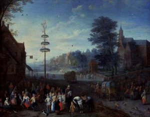 Dorpskermis met dorpelingen die rond een meiboom dansen en reizigers op een weg