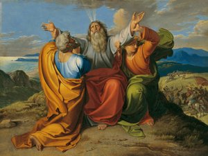 De biddende Mozes met Aaron en Hur op de berg Horeb