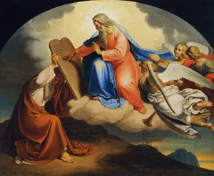 God schrijft Mozes de tien geboden op twee stenen tafelen op de berg Sinaï