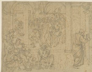 Petrus verloochent Christus, voorgesteld in de hal van het gerechtsgebouw