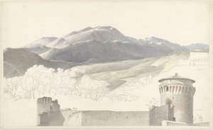 Landschap bij Subiaco en bouwwerk te Rome