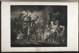 Macbeth. Act IV. Scene I. Een donkere grot. In het midden een kokende ketel. Drie heksen. Macbeth. Hecate. Macbeth staat tegenover de heksen en de verschijningen; aan zijn voeten, binnen een opgerolde slang, staan een klein bloederig kind en een kind met e door Joshua (after) Reynolds