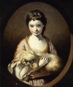 Portret van juffrouw Emilia Vansittart, halflang, in een roze en witte jurk met een hond, c.1767-68 door Joshua Reynolds