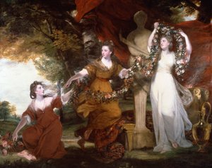 Drie dames die een herme van Hymen versieren door Joshua Reynolds