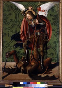 Keerzijde van een altaarstuk: Sint-Michiel verslaat de demon (schilderij door Josse Lieferinxe, actief tussen 1493-1508) door Josse (fl.1493 1508) Lieferinxe