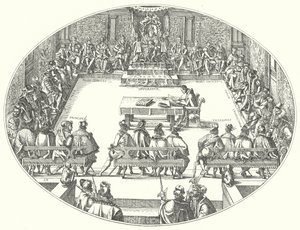 Aan het hof van de keizer (gravure) door Jost (after) Amman