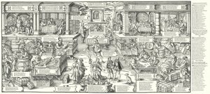Leven van Duitse kooplieden en handelaars in de 16e eeuw (gravure)