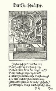 De boekdrukker (gravure) door Jost (after) Amman