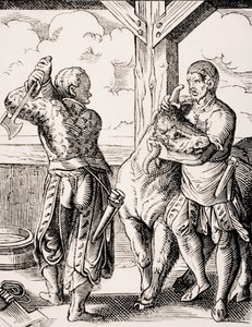 De slager en zijn assistent, reproductie van een 16e-eeuwse gravure door Jost Amman uit 