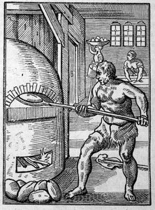 Een bakker die brood bakt in een oven. Gravure door Jost Amman (1539-1591) 16e eeuw.