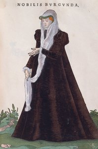 Bourgondische adellijke vrouw in traditionele klederdracht, gravure uit Habitus praecipuorum popularum door Jost Amman