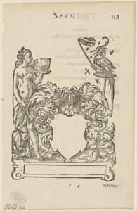 Embleem met blanco heraldisch schild, folio 156 uit de Anthologia Gnomonica door Jost Amman