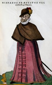 Kostuum van minister van het Spaanse koningshuis, gravure door Jost Amman uit Habitus praecipuorum populorum, virorum tam quam singulari foeminarum art depicti