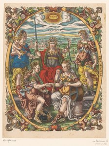 Personificaties van Justitia, Caritas, Prudentia, Pax en Republica door Jost Amman
