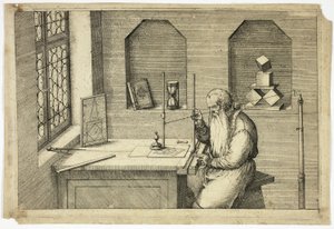 Portret van Wenzel Jamnitzer in zijn studeerkamer
