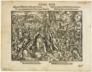 De Doortocht door de Rode Zee (recto) en De Begrafenis van Jacob (verso) uit Neuwe Biblische Figuren, plaat 48 uit Houtsneden uit Boeken van de XVI Eeuw door Jost Amman