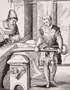 Textielwerker, reproductie van 16e-eeuwse houtsnede, 19e eeuw