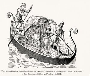 Venetiaanse gondel, uit de Grote Processie van de Doge van Venetië, illustratie uit Wetenschap en Literatuur in de Middeleeuwen en de Renaissance, geschreven en gegraveerd door Paul Lacroix