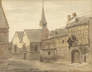 Gezicht op de St. Jacobskerk en de Herberg, Maastricht door Josua de Grave
