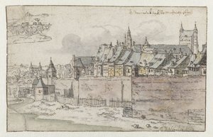 Gezicht op de muren van Maastricht met de Onze-Lieve-Vrouwekerk op de achtergrond