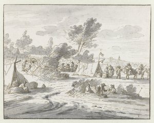 Gezicht op een kampement van het leger van Willem III bij Lembeek, Vlaams-Brabant door Josua de Grave