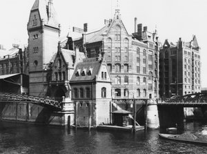 Uitzicht op de Speicherstadt (pakhuisstad) Hamburg, ca. 1910