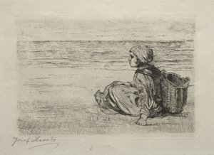 Meisje met mand zittend aan de kust door Jozef Israëls