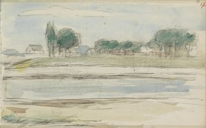 Landschap met water en huizen aan een dijk door Jozef Israëls