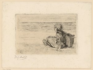 Meisje met een draagmand op de rug op het strand door Jozef Israëls