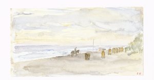 Strandgezicht met ruiter en badstoelen door Jozef Israëls