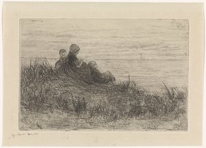 Duinlandschap met moeder en kinderen door Jozef Israëls (signed by artist)