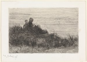 Duinlandschap met moeder en kinderen door Jozef Israëls (signed by artist)