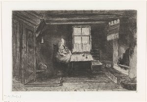 Interieur met moeder en kind door Jozef Israëls (signed by artist)