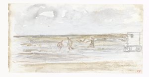Baders in zee en een strandkoets door Jozef Israëls