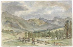 Berglandschap met veehoeder en twee koeien