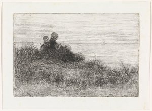Duinlandschap met moeder en kinderen door Jozef Israëls