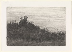 Duinlandschap met moeder en kinderen door Jozef Israëls