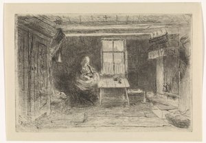 Interieur met moeder en kind door Jozef Israëls