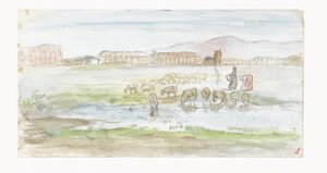 Vlakte met schapen, op de achtergrond ruïnes van een aquaduct door Jozef Israëls