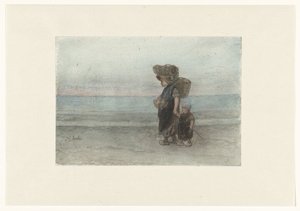 Vrouw met kind, lopend over het strand door Jozef Israëls