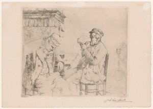 Twee drinkende mannen aan tafel bij een schouw