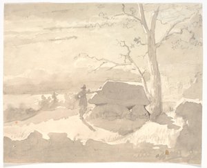 Landschap in maanlicht. Een jager naast een dolmen door Jørgen Roed