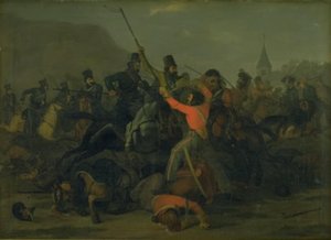 Kolonel Boncke Bönnichsens val op 6 december 1813 tijdens een gevecht tussen Jutlandse dragonders en Kozakken door Jørgen V. Sonne