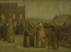 Boeren buiten de kerk op een kerstochtend
