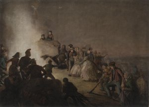 Sint Jansavond. Boeren die een vuur hebben aangestoken op een grafheuvel, dansen rond het vuur