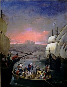 Vertrek in 1492 van de karvelen Santa Maria, de Pinta en de Nina (olie op doek)