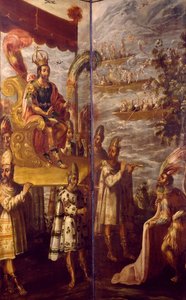 Montezuma, detail van de ontmoeting tussen Cortes en Montezuma, scherm toegeschreven aan Juan Correa (1645-1716)