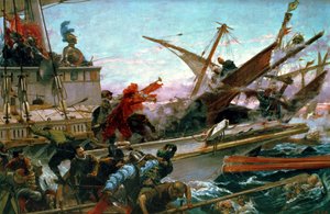 De Zeeslag bij Lepanto, gevoerd door Don Juan van Oostenrijk (1547-78) in 1571 door Juan Luna y Novicio